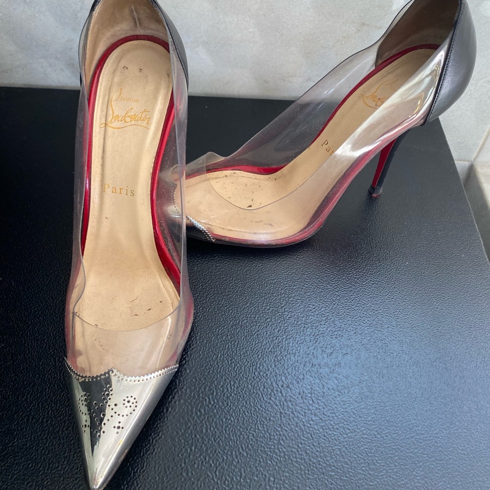 Black/silver hardware/clear Christian Louboutin hills in size 38.5